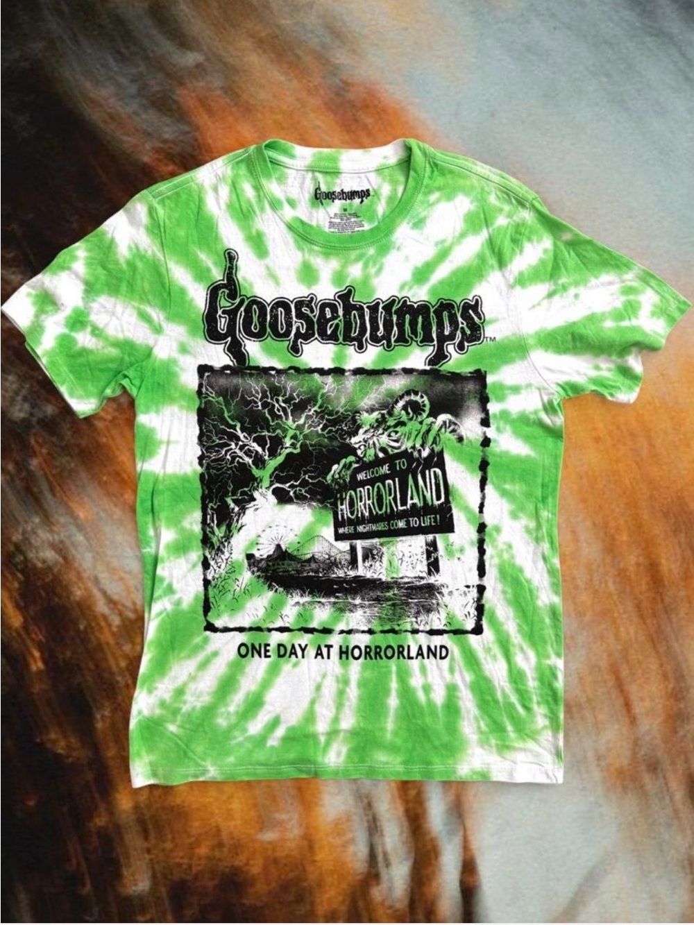 Goosebumps Welcome to Horrorland Green White Tie Dye T-Shirt Halloween Retro